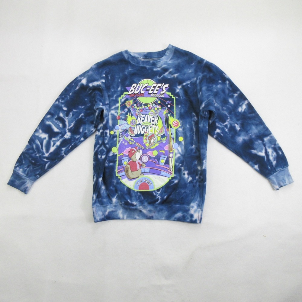 Buc-ee's Sweatshirt M Pullover Blue Tie Dye Beaver Nuggets Arcade Graphic Crew